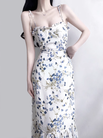 2025 Summer New French Blue Floral Holiday Style Mid-Length Suspender Dress R0923