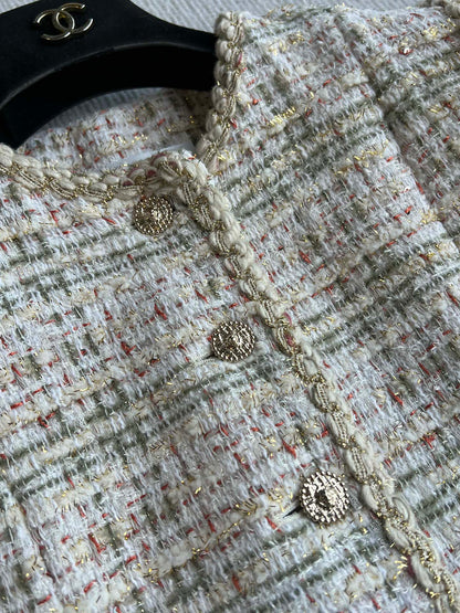 CC 25A Classic Round Collar Vest Jacket In Light Orange Pink Tweed 277181