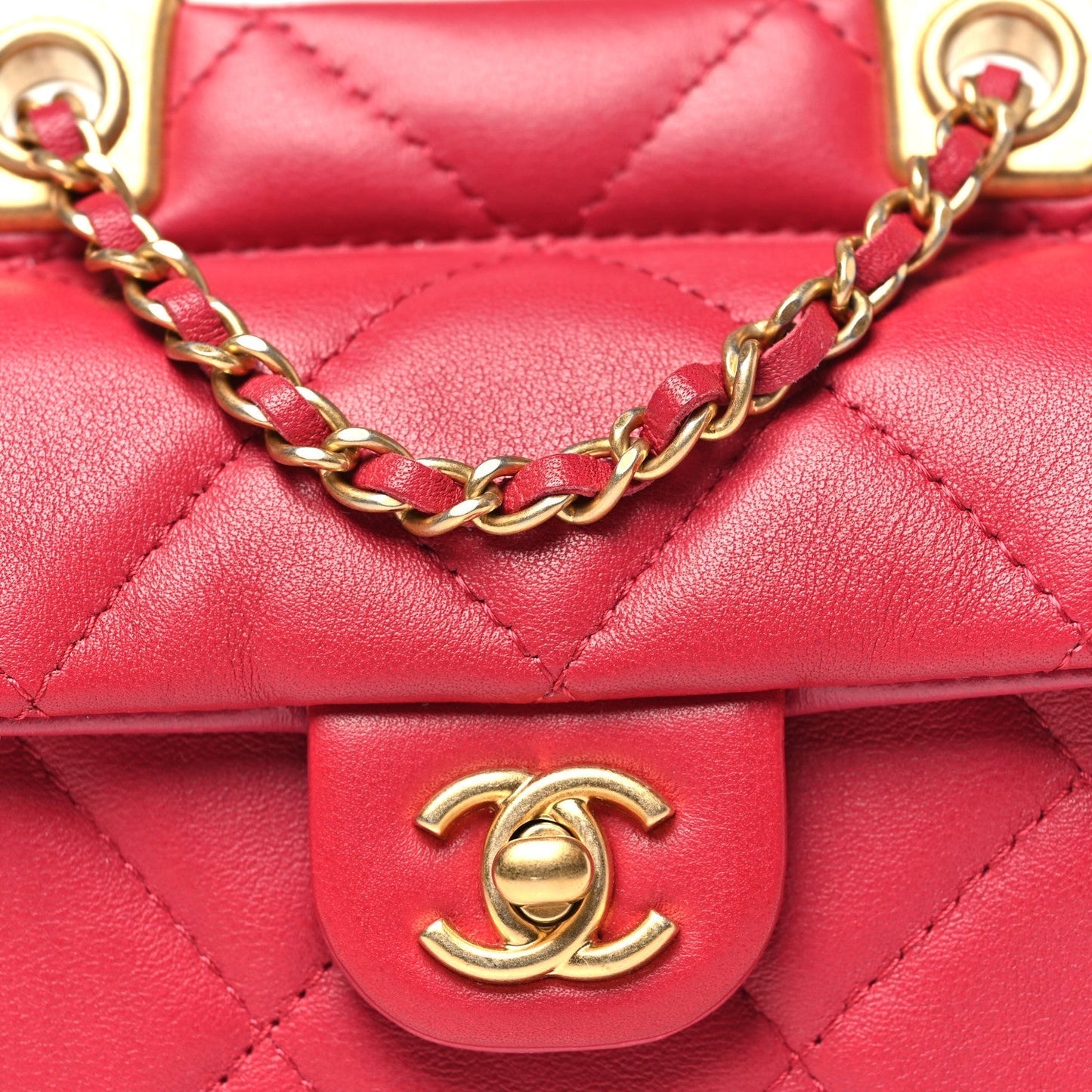 Calfskin Quilted Lady Handle Flap Card Holder With Chain Dark Pink