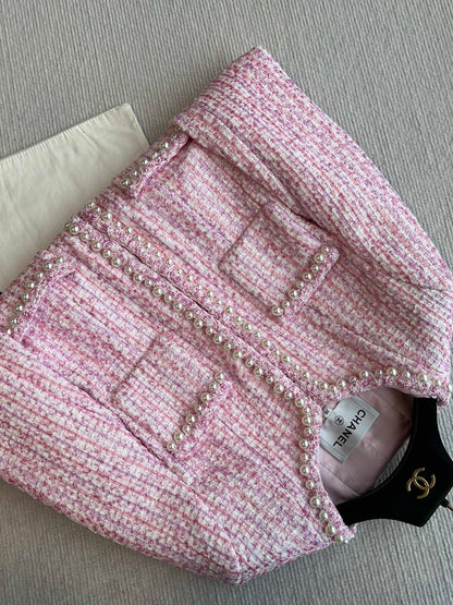 Chanel 25P Cardigan Pink Tweed With Pearl 235893