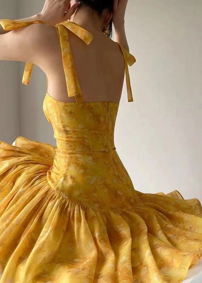 Yellow broken flower suspender slim irregular skirt homecoming dress R2515