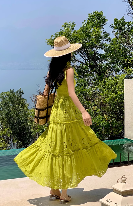 Bohemian holiday long dress elastic square neck slim waist embroidered ruffled suspender dress R0206