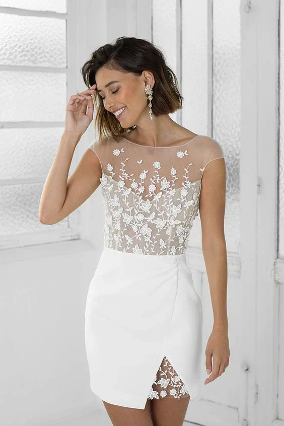 Vintage White Applique Homecoming Dress Sheath Party Dress Short Cocktail Dress TP4607