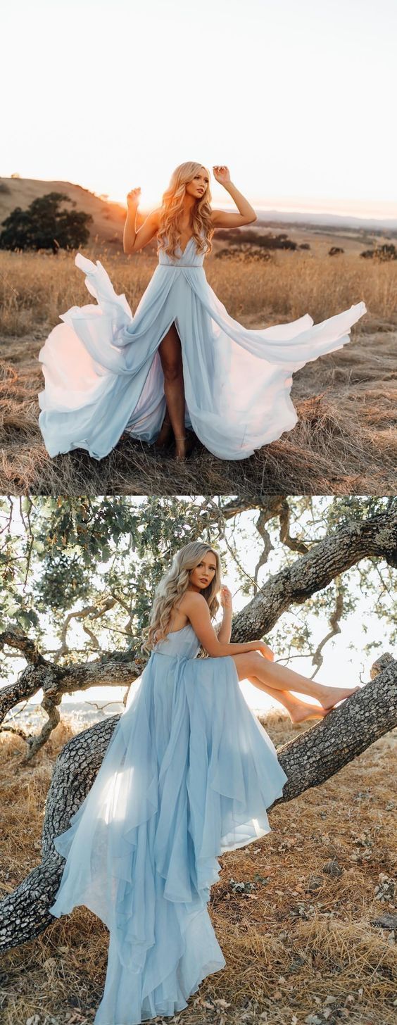 Sexy Deep V neck Chiffon Evening Party Dress, Long Prom Dresses