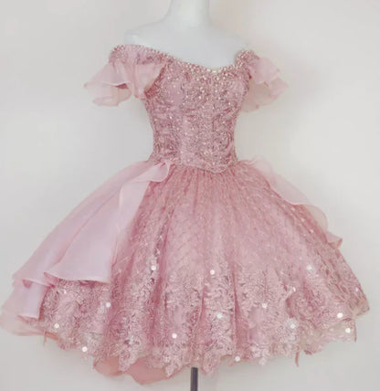Vintage Shiny Pink Beaded Homecoming Dress Off-the-shoulder Party Dress Short A-Line Cocktail Dress TP4657