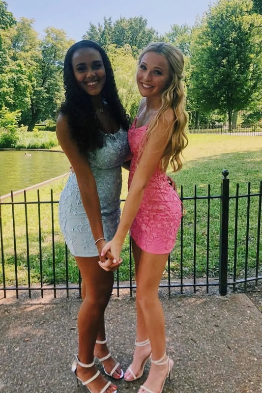 PM516,Cute Bodycon Homecoming Dress, Applique Cross Back Short Prom Dress