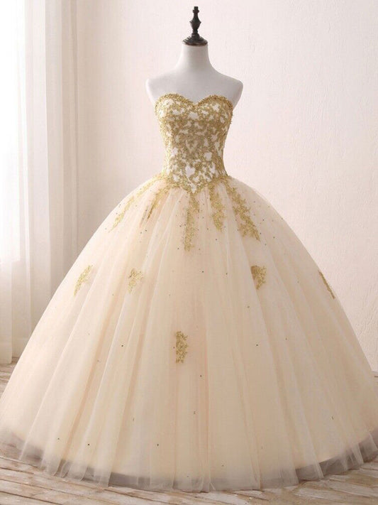 Champagne Sweetheart Neck Tulle Long Prom Gown, Champagne Sweet 16 Dresses