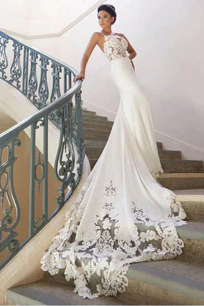Charming Appliques Lace Mermaid Wedding Dresses With Straps, Sexy Sleeveless Prom Gowns