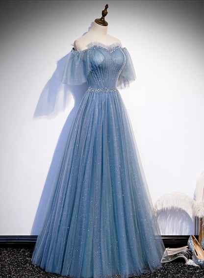 Charming Light Blue Tulle Puffy Sleeves Floor Length Prom Dress, Blue A-Line Pricess Gown Prom Dresses