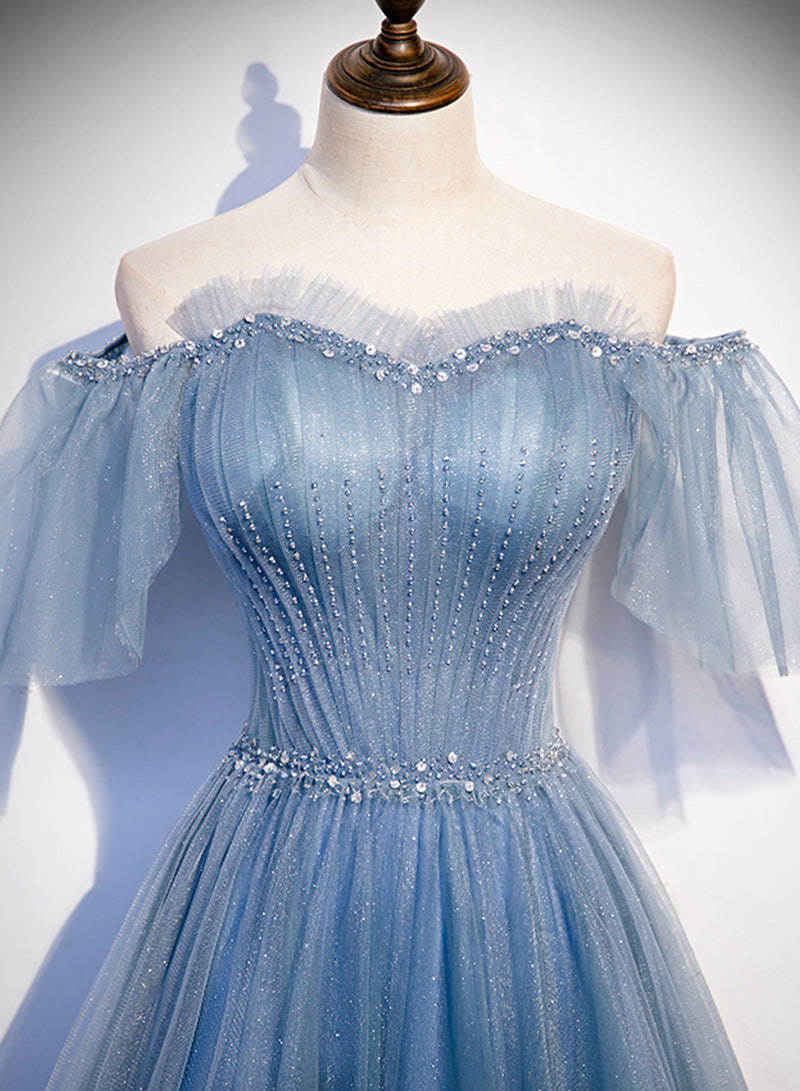 Charming Light Blue Tulle Puffy Sleeves Floor Length Prom Dress, Blue A-Line Pricess Gown Prom Dresses