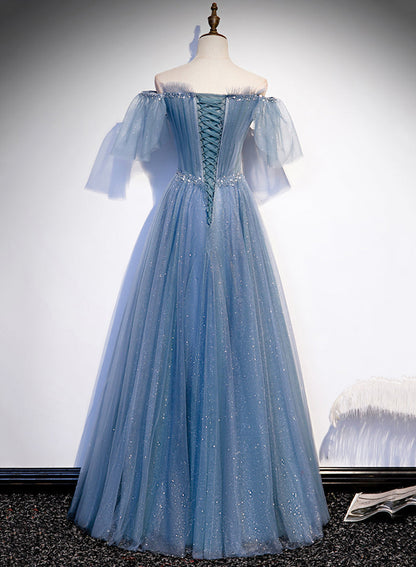 Charming Light Blue Tulle Puffy Sleeves Floor Length Prom Dress, Blue A-Line Pricess Gown Prom Dresses