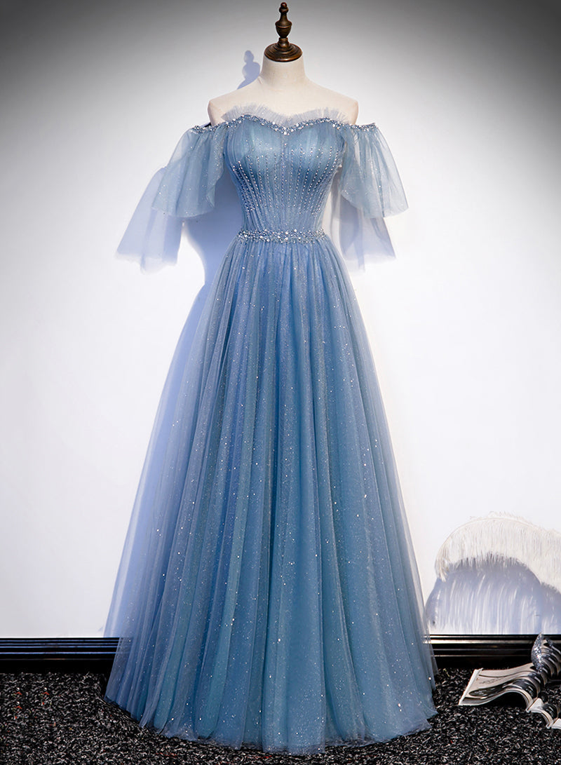 Charming Light Blue Tulle Puffy Sleeves Floor Length Prom Dress, Blue A-Line Pricess Gown Prom Dresses