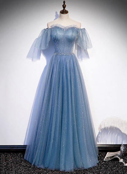 Charming Light Blue Tulle Puffy Sleeves Floor Length Prom Dress, Blue A-Line Pricess Gown Prom Dresses
