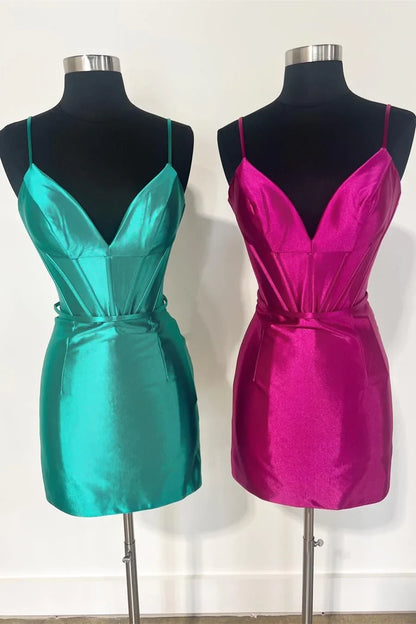 PM535,Hot Pink Plunging V Neck Satin Sheath Homecoming Dress