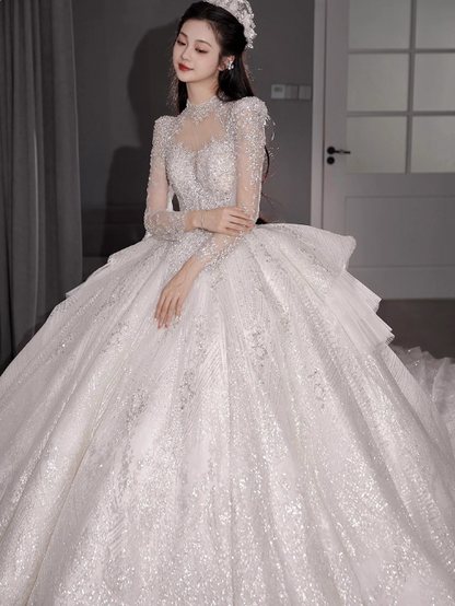 Chic A-Line Long Wedding Dress Tulle White Bridal Gown Long Sleeves Bridal Dresses