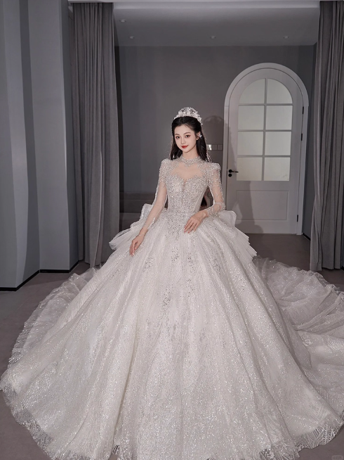 Chic A-Line Long Wedding Dress Tulle White Bridal Gown Long Sleeves Bridal Dresses