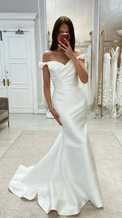 omberprom Elegant Satin Mermaid Off-Shoulder Ruched With Train Beach Wedding Dress