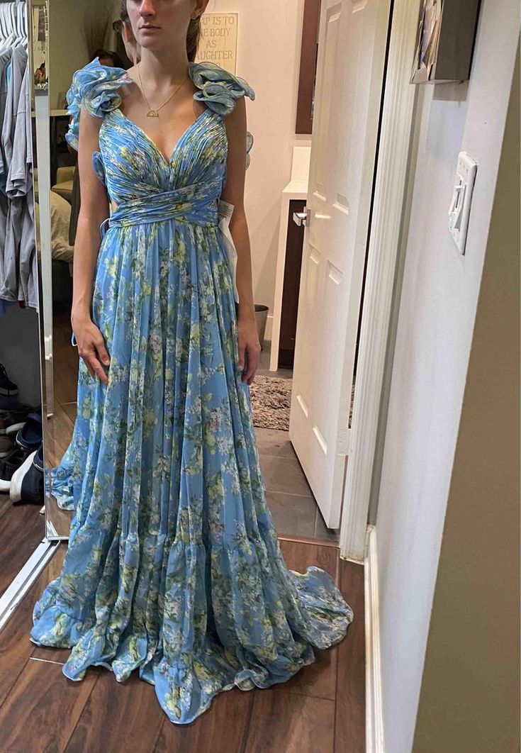 Blue Elegant Chiffon Floral Long Prom Dress Prom Gowns Garden Prom Dresses