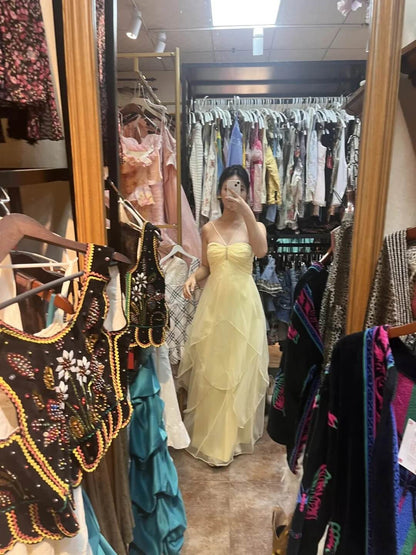 Yellow Chiffon Maxi Dress Strapless Ruffled Formal Dresses