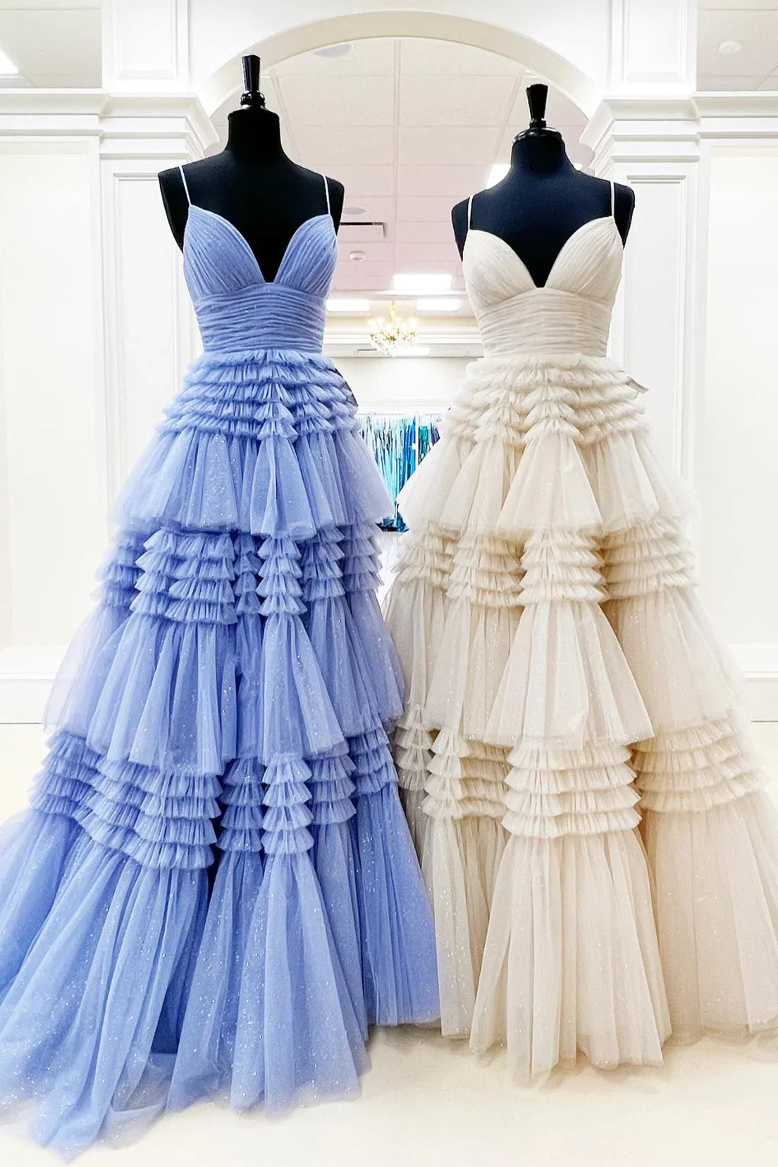 Spaghetti Straps V-Neck Layers Formal Party Prom Dresses