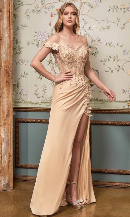 Vintage Beaded Sheath Prom Dress Off-the-shoulder Evening Dress High Slit Long Formal Dress TP4618