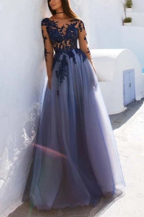 omberprom Sexy Long Back Prom Dresses Sleeves Blue Lace Open Evening Dresses