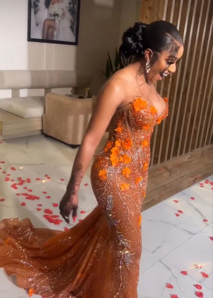 Classy Mermaid Sweetheart Orange Tulle Sequin Prom Gown Long Prom Dresses