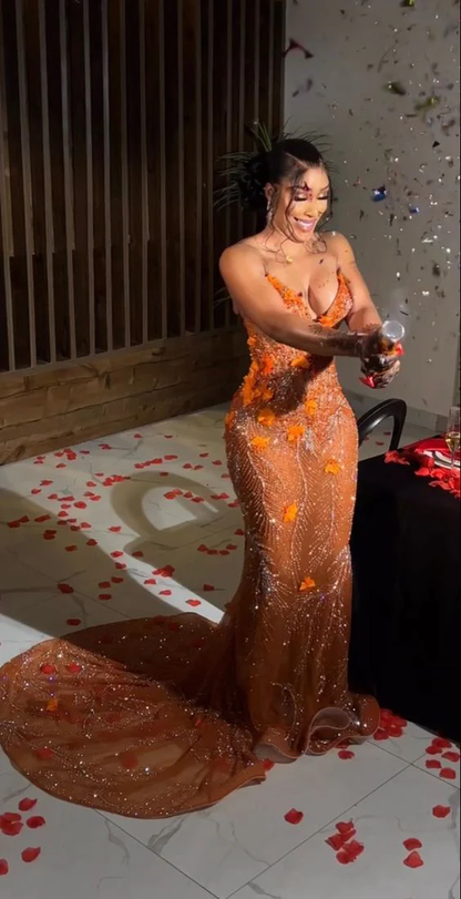 Classy Mermaid Sweetheart Orange Tulle Sequin Prom Gown Long Prom Dresses