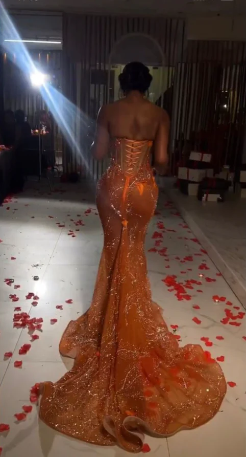 Classy Mermaid Sweetheart Orange Tulle Sequin Prom Gown Long Prom Dresses