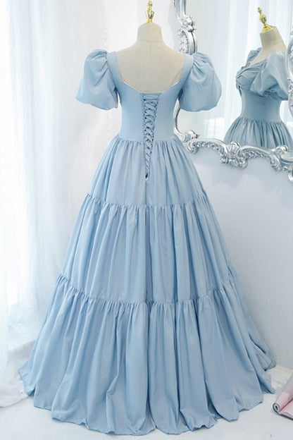 Light Blue Ball Gown Long Formal Dress Short Sleeves