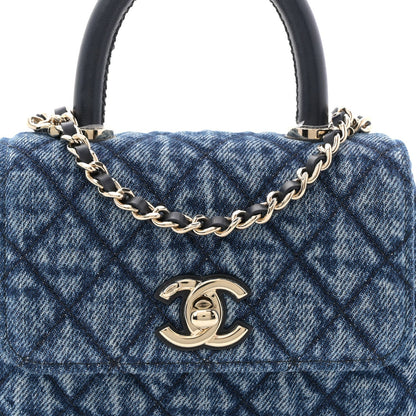 Washed Denim Quilted Coco Handle Clutch With Chain Blue