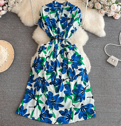 Beach vacation long dress gentle style short sleeves V-neck waist medium length A-line plaid dress R0358