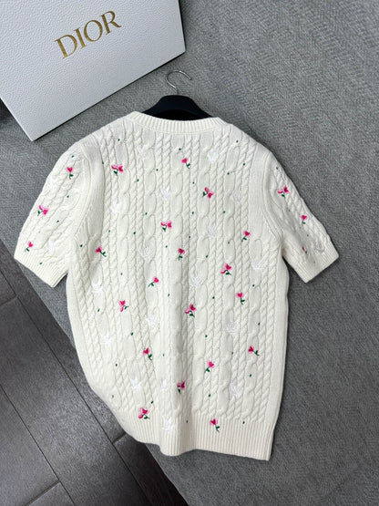 CD Short-Sleeved Sweater Small Floral Embroidery Ivory Wool 349483