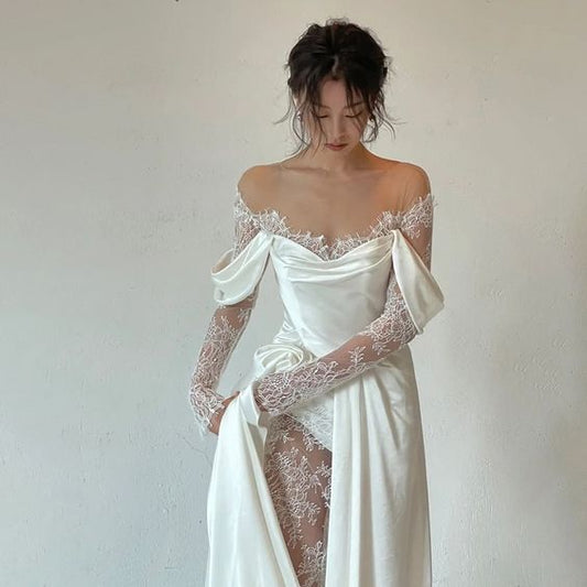 PM544,Ivory Lace Satin Wedding Dresses, Off The Shoulder Bridal Dresses