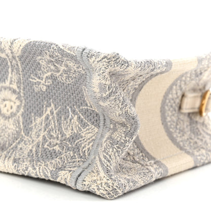 Canvas Embroidered Toile De Jouy Reverse Mini Book Tote With Strap Grey