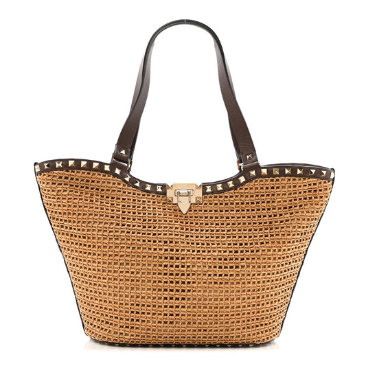 Synthetic Raffia Calfskin Rockstud Small Garden Tote Bag Tobacco Cacao