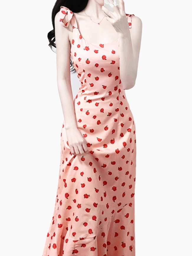 2025 Summer New Pink Floral Rose French Fishtail Long Suspender Dress R0956