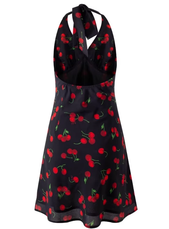 2025 Summer New Halter Backless Black Cherry V-Neck Retro Short Dress R0942