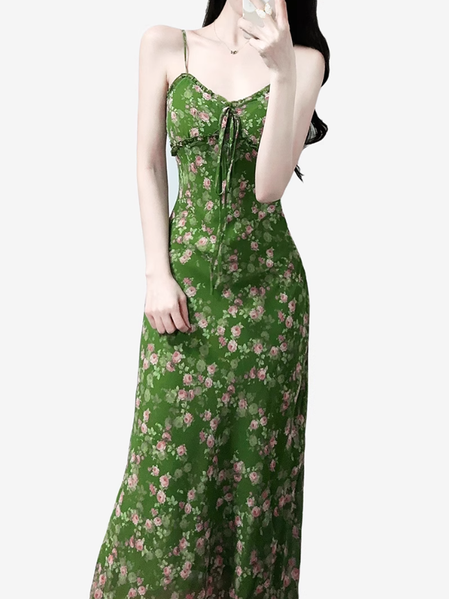 2025 Summer New Green Floral Seaside Vacation Mid-Length Suspender Dress R0941
