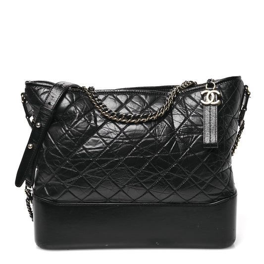 Aged Calfskin Quilted Large Gabrielle Hobo  Black