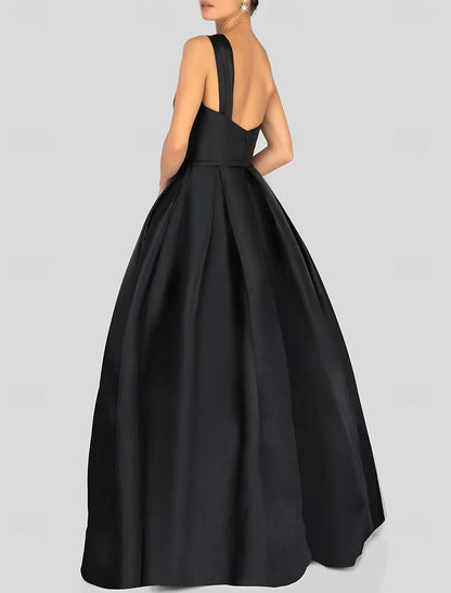 omberprom A-Line Prom Dresses Gowns Evening Dresses Dress Black Formal Dress Floor Length Sleeveless One Shoulder Satin with Ruched