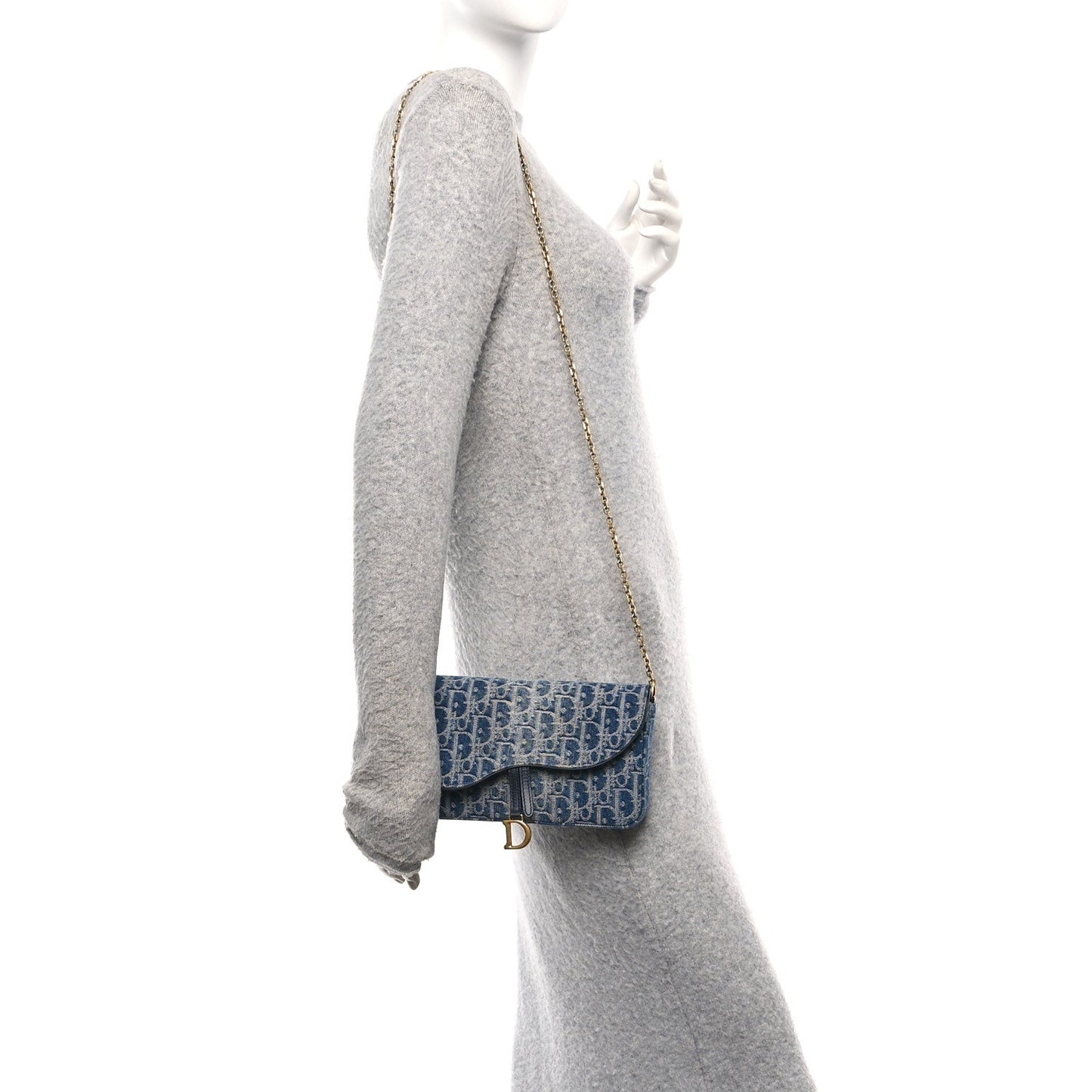Oblique Denim Saddle Chain Long Wallet Blue