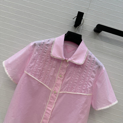 Prada 25 Lace Short-sleeved Shirt Pink Cotton