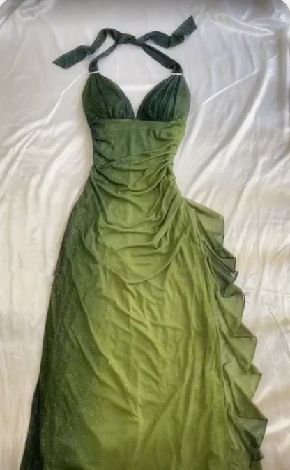 Charming Halter Ombre Green Chiffon Long Prom Dress Party Evening Gown cc1399