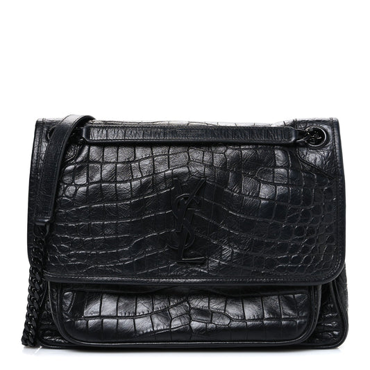 Crocodile Embossed Lambskin Monogram Medium Niki Chain Satchel Black