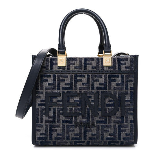 Fabric Jacquard FF 1974 Logo Small Fendi Sunshine Shopper Tote Blue Grigio