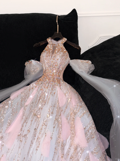 Gorgeous Shiny Pink Beaded Sequined Design A-Line Prom Dress Evening Dress Ball Gown TP4217