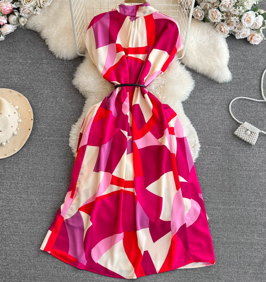 Beach vacation long dress gentle style short sleeves V-neck waist medium length A-line plaid dress R0358