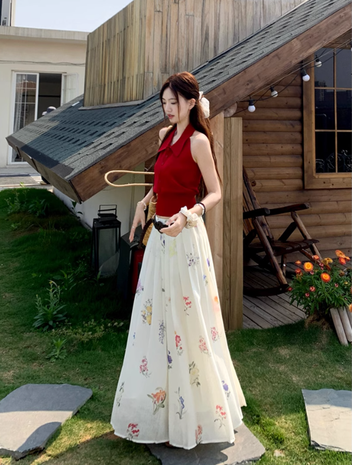 Date suit red sleeveless backless sweater printed skirt rich feeling outfit two piece suit R1744