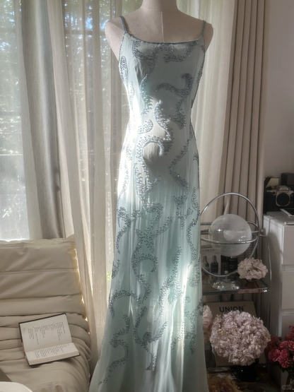 Retro Light Green Sparkling Beaded Spaghetti Strap Design Elegant Chiffon Evening Dress Prom Dress TP3992